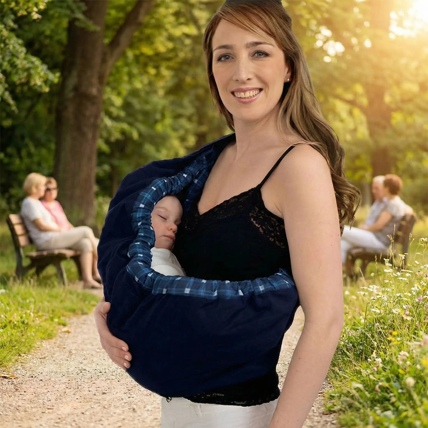Echarpe de portage bébé maman au parc avec bébé