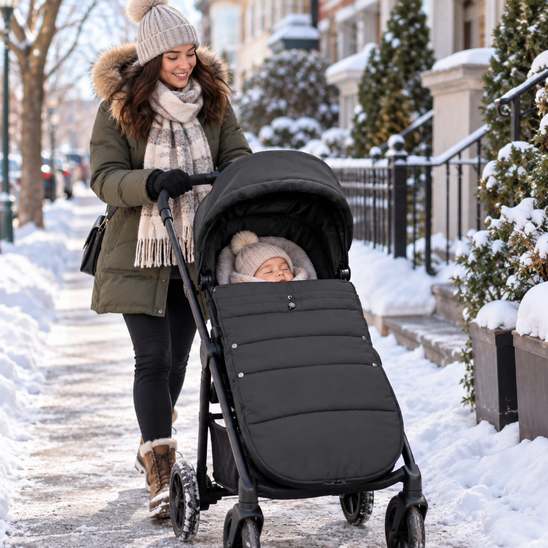 maman dans le quartier avec bébé dans chancelière poussette coconova