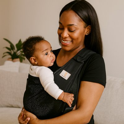 maman heureuse de bébé dans echarpe de portage