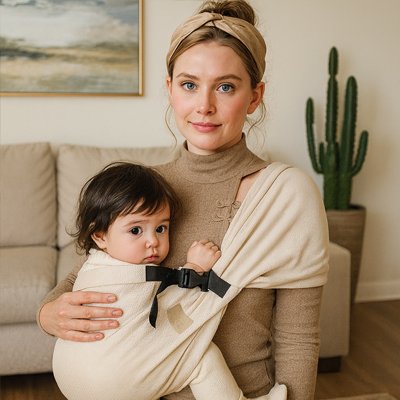 maman portant bébé face avant dans echarpe de portage