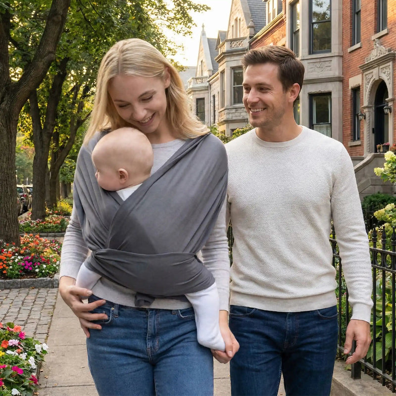 port bébé en écharpe maman et papa promènent avec bébé