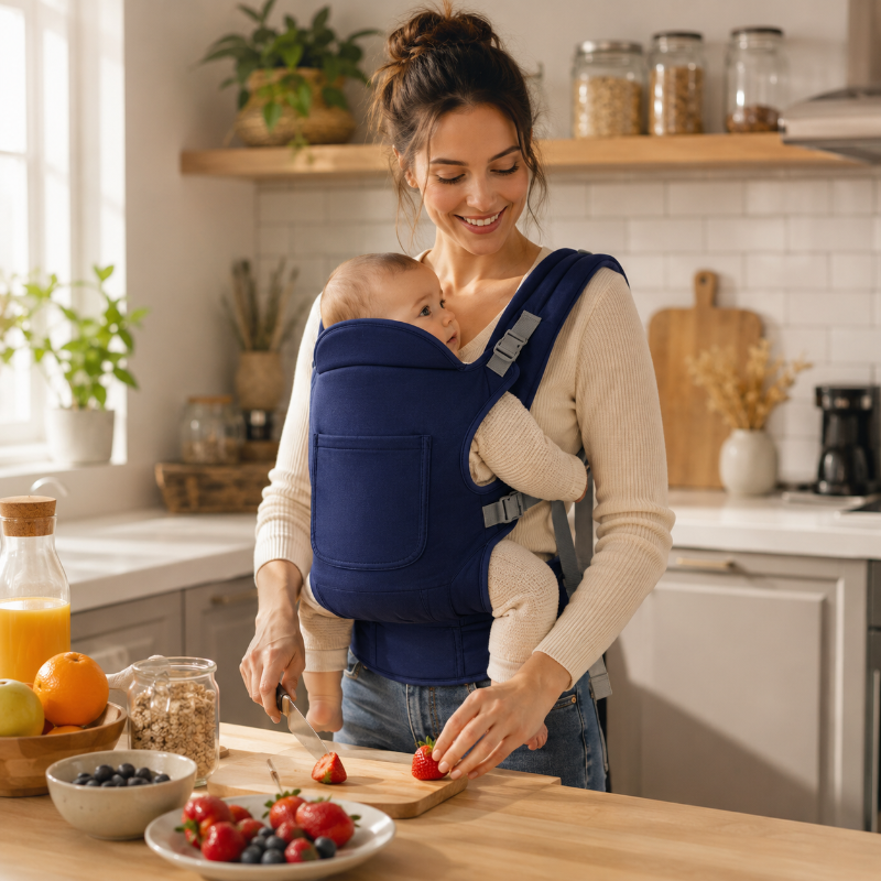 porte bébé belino maman dans la cuisine avec bébé