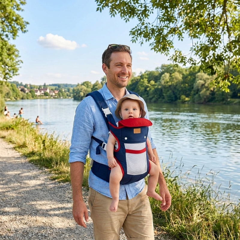 porte bébé ergonomique câlin marche au bord de la rivière
