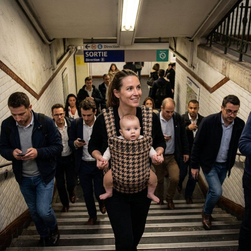 porte bébé ergonomique douceur flex maman dans le métro avec bébé