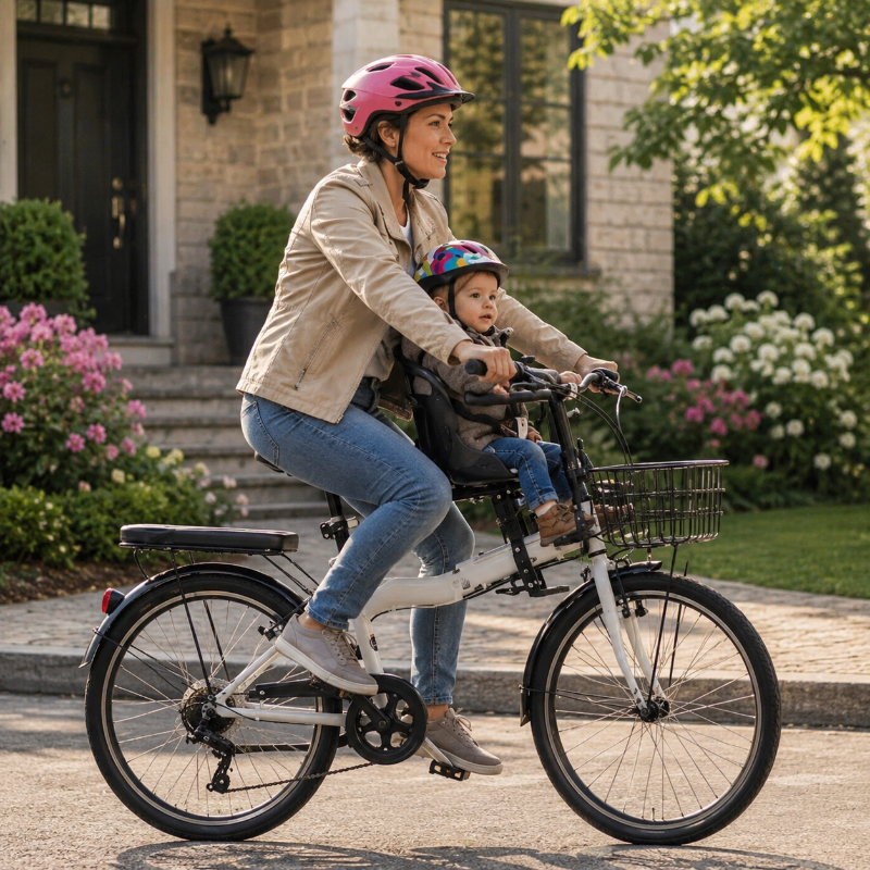 porte bébé vélo rouli doux maman avec bébé passe en avant de la maison
