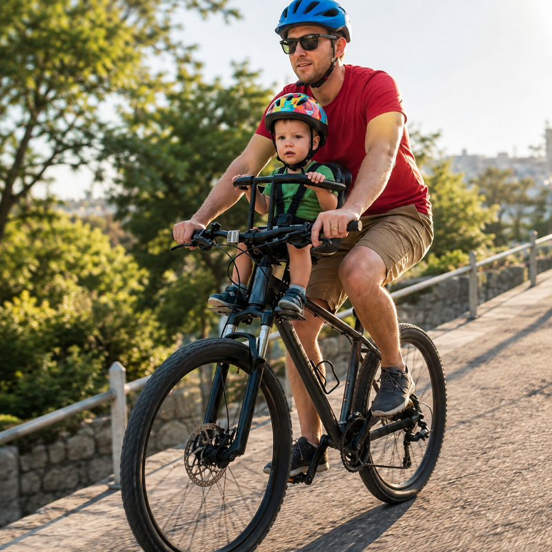 porte bébé vélo rouli doux papa et bébé en pente descendante sur vélo