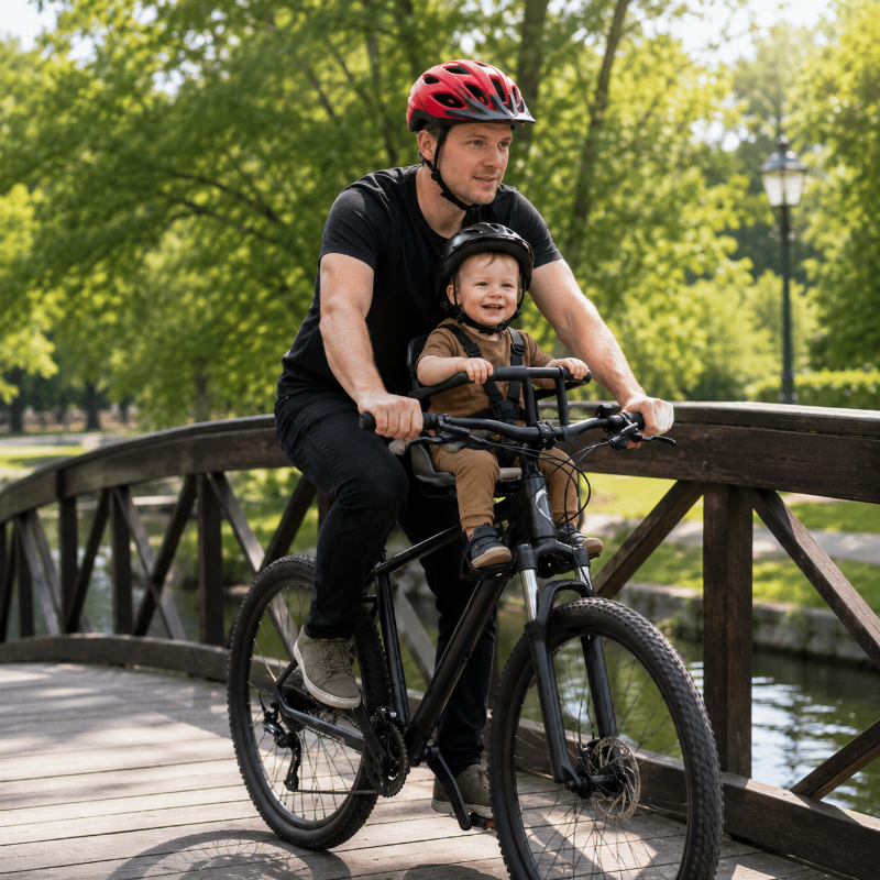 porte bébé vélo rouli doux papa et bébé passent sur le pont