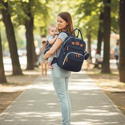 sac à dos à langer bébé maman debout au parc