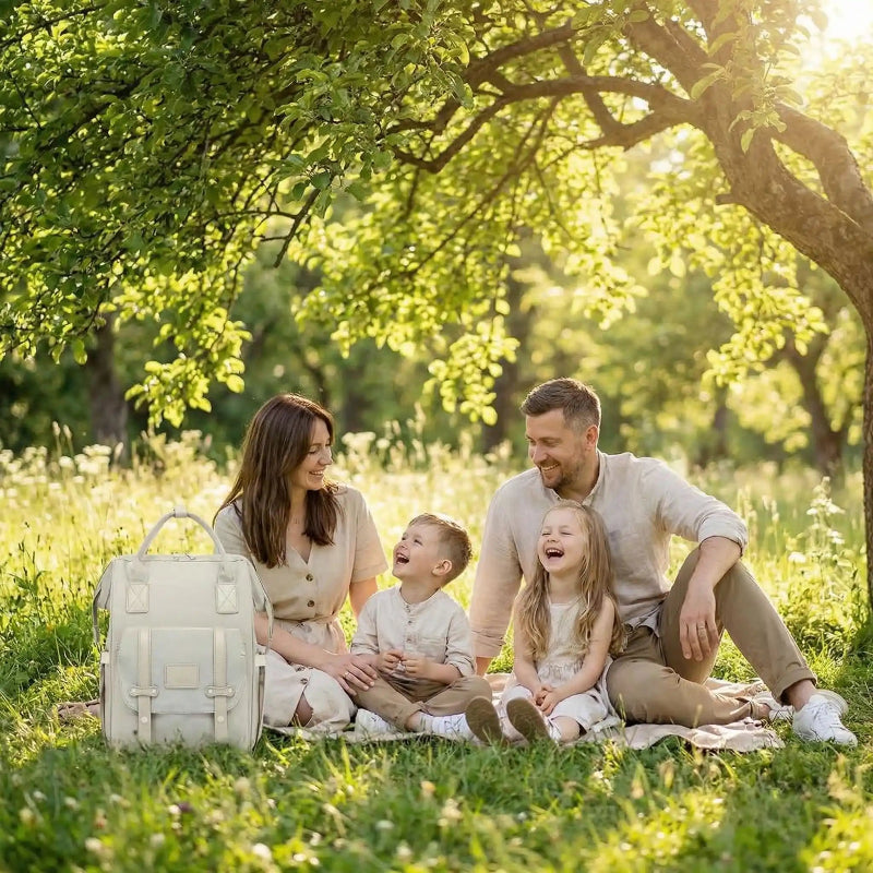 sac à dos à langer famille sous un arbre
