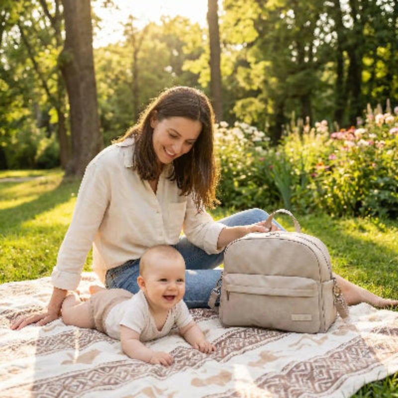sac a langer a dos serenite bleu maman et bebe assis sur le sol
