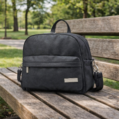 sac a langer a dos serenite noir sur un banc