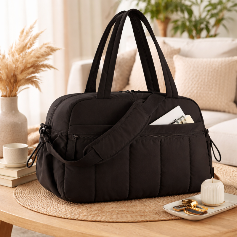 sac à langer confort élégance noir sur table en bois