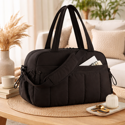 sac à langer confort élégance noir sur table en bois