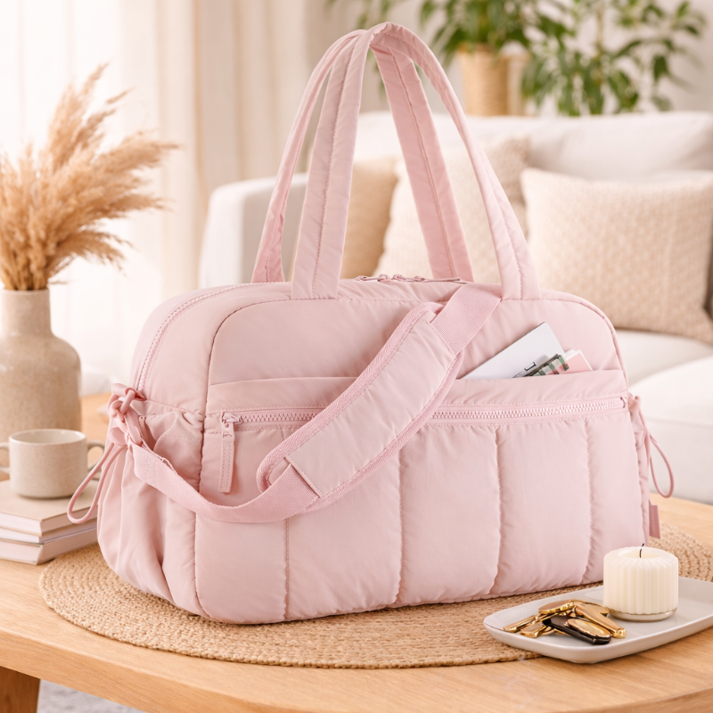 sac à langer confort élégance rose sur table en bois